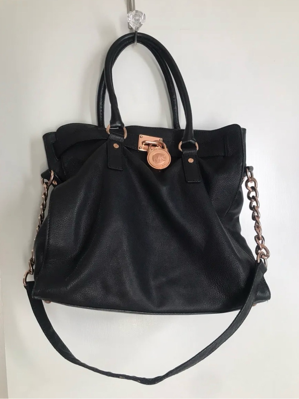 Michael Kors Black Hamilton Leather medium Satchal Tote with Rose Gold hardware